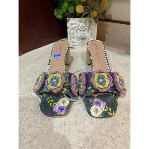 Betsey Johnson Floral & Crochet Embellished Sandals With Raffia Block Heel Size